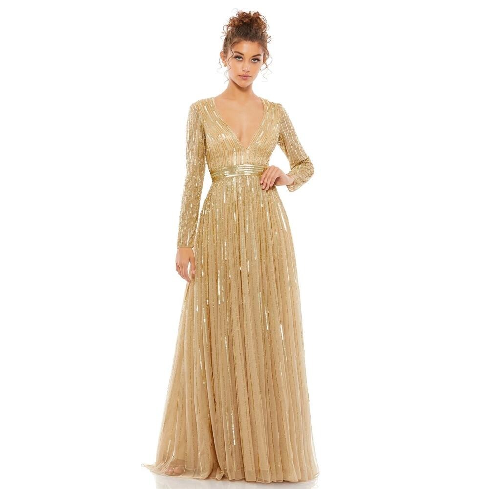 Mac Duggal 4977 Gold‎ Sequin Beaded Illusion Sleeve Gown 4